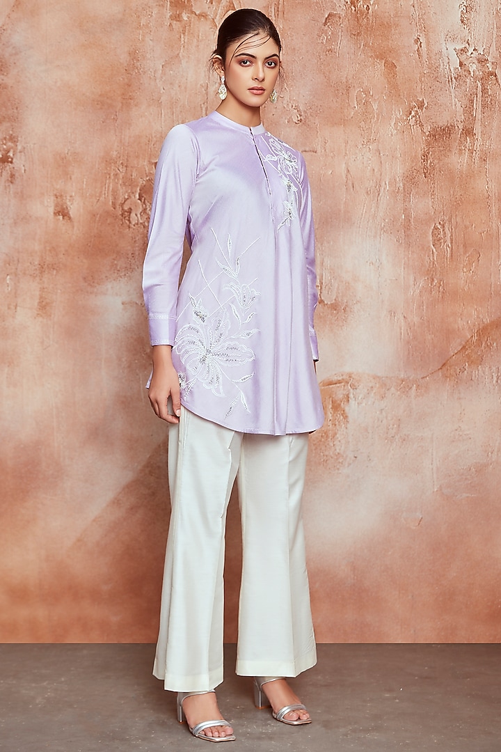 Lilac Spun Cotton Embroidered Tunic Set by Trumpet Vine