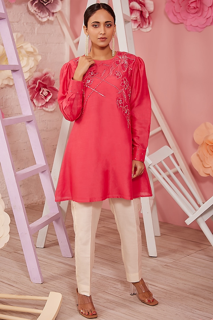 Rust Embroidered A-Line Tunic Set by Trumpet Vine