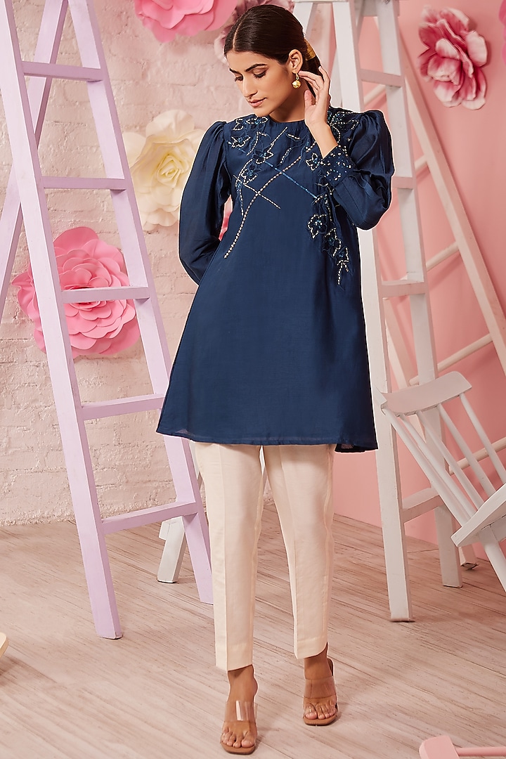 Teal Blue Embroidered A-Line Tunic Set by Trumpet Vine
