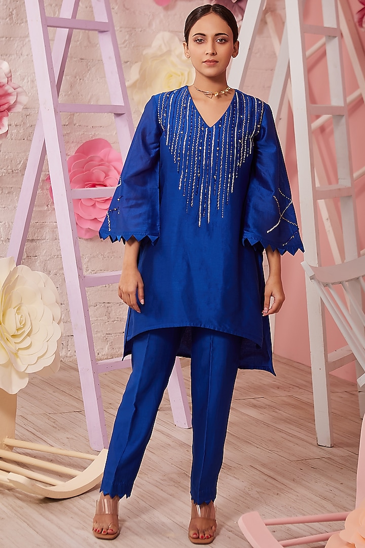 Electric Blue Embroidered Tunic Set by Trumpet Vine