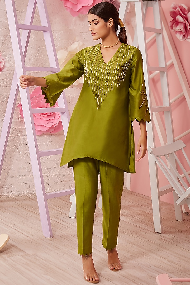Olive Green Embroidered Tunic Set by Trumpet Vine