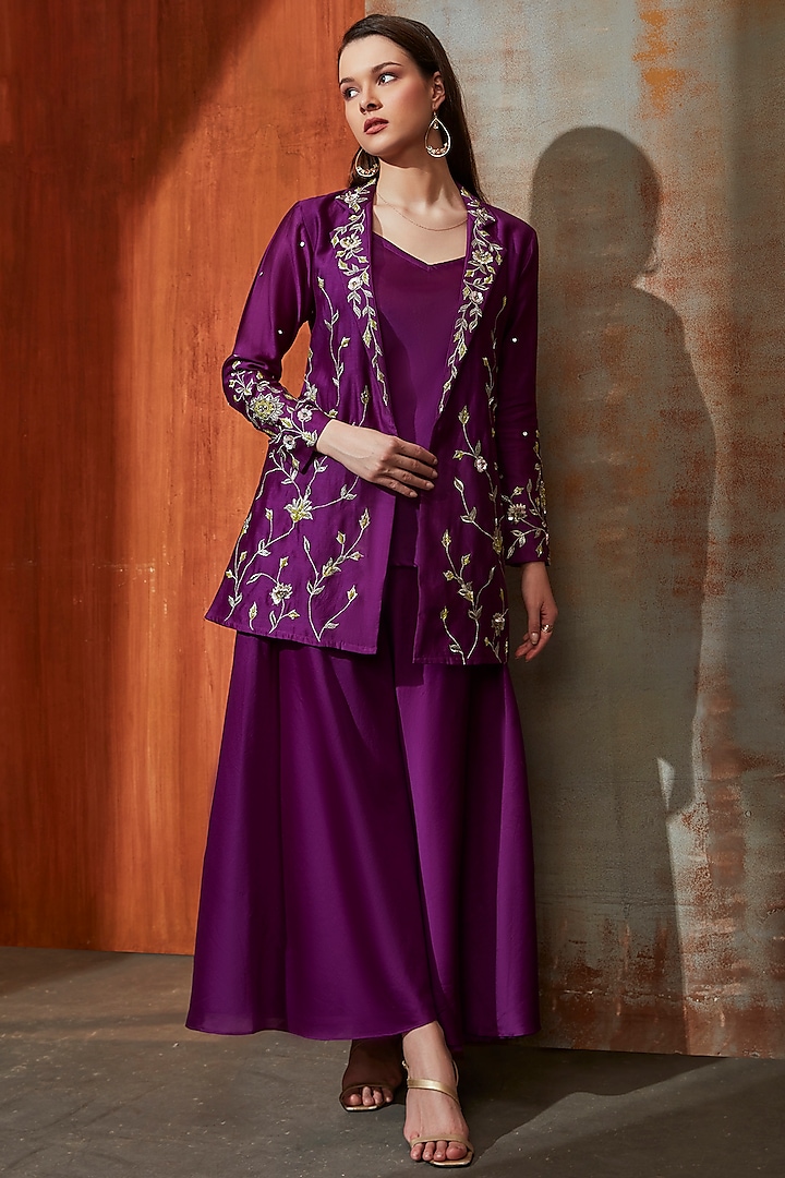 Radiant Purple Pure Chanderi Zari Embroidered Jacket Set by Trumpet Vine