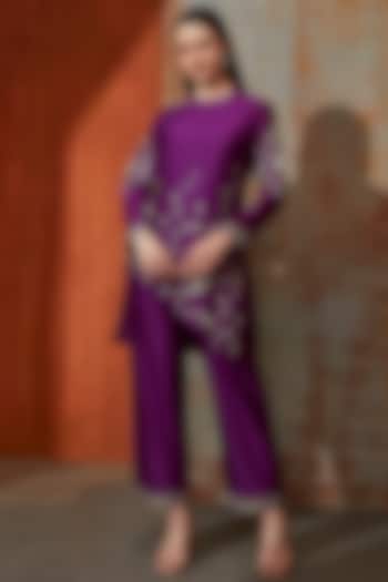 Radiant Purple Pure Chanderi Zari Embroidered Asymmetric Kurta Set by Trumpet Vine