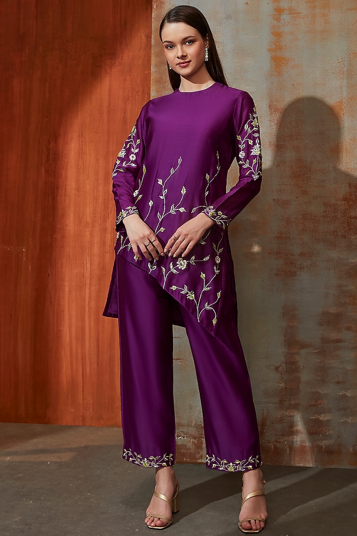 Radiant Purple Pure Chanderi Zari Embroidered Asymmetric Kurta Set by Trumpet Vine