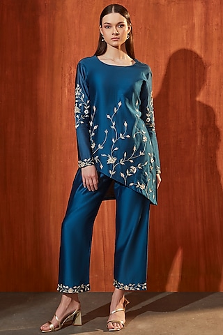 Teal Blue Pure Chanderi Zari Embroidered Asymmetric Kurta Set by Trumpet Vine