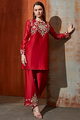 Red Pure Chanderi Zari Embroidered Short Kurta Set by Trumpet Vine