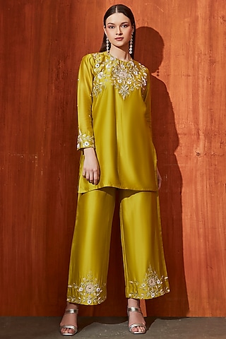 Olive Pure Chanderi Zari Embroidered Short Kurta Set by Trumpet Vine