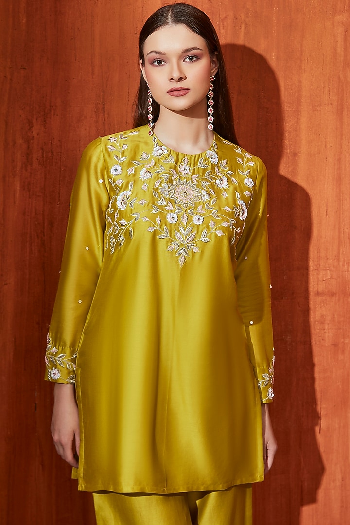 Olive Pure Chanderi Zari Embroidered Short Kurta Set by Trumpet Vine at Pernia's Pop Up Shop