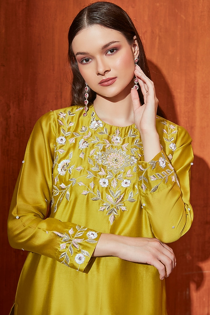 Olive Pure Chanderi Zari Embroidered Short Kurta Set by Trumpet Vine at Pernia's Pop Up Shop