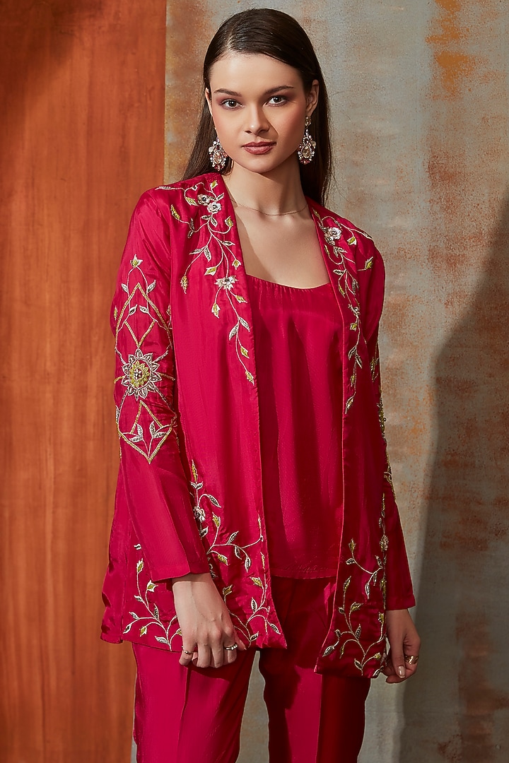 Pink Pure Chanderi Zari Embroidered Jacket Set by Trumpet Vine at Pernia's Pop Up Shop