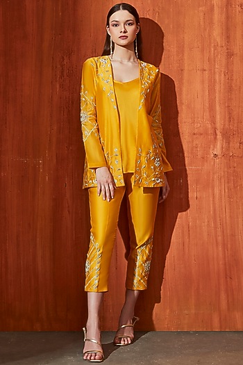 Mustard Pure Chanderi Zari Embroidered Jacket Set by Trumpet Vine at Pernia's Pop Up Shop