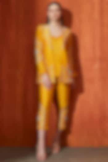 Mustard Pure Chanderi Zari Embroidered Jacket Set by Trumpet Vine