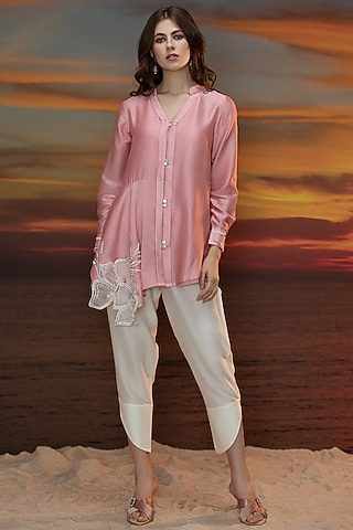 Light Pink Hand Embroidered Co-Ord Set by Trumpet Vine