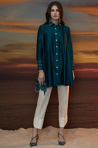 Dark Teal Green Hand Embroidered Pleated Tunic Set by Trumpet Vine