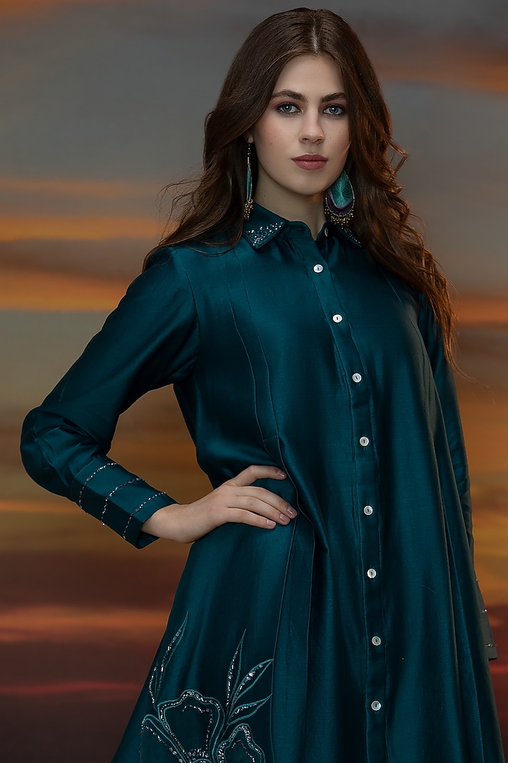 Dark Teal Green Hand Embroidered Pleated Tunic Set by Trumpet Vine at Pernia's Pop Up Shop