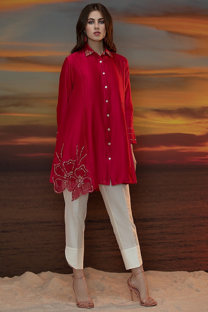 Virtual Pink Hand Embroidered Pleated Tunic Set by Trumpet Vine