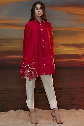 Virtual Pink Hand Embroidered Pleated Tunic Set by Trumpet Vine