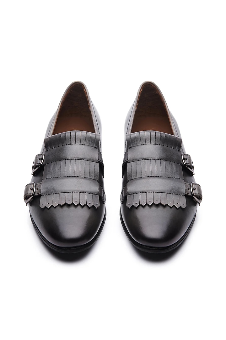 Grey Leather Double Monk Loafers by TRUMPET