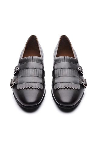 Grey Leather Double Monk Loafers by TRUMPET