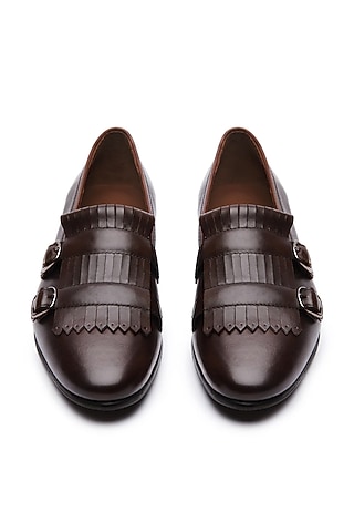 Brown Leather Double Monk Loafers by TRUMPET