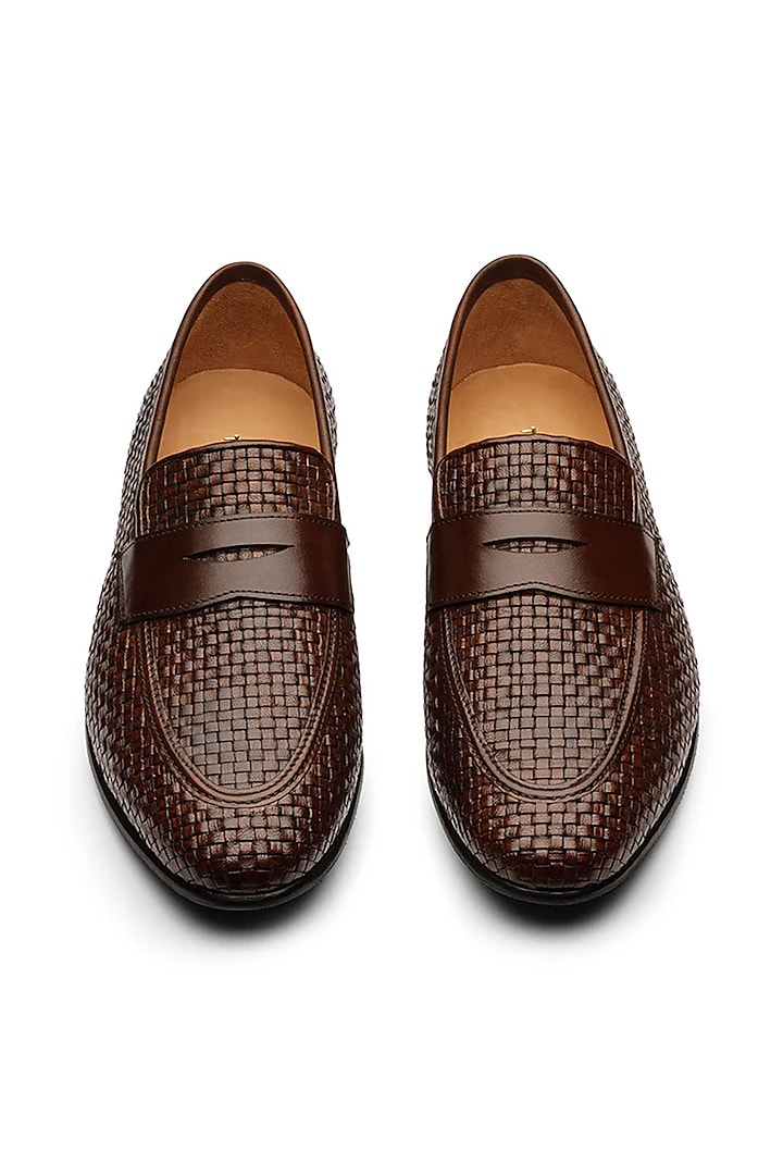 Brown Leather Handwoven Penny Loafers by TRUMPET