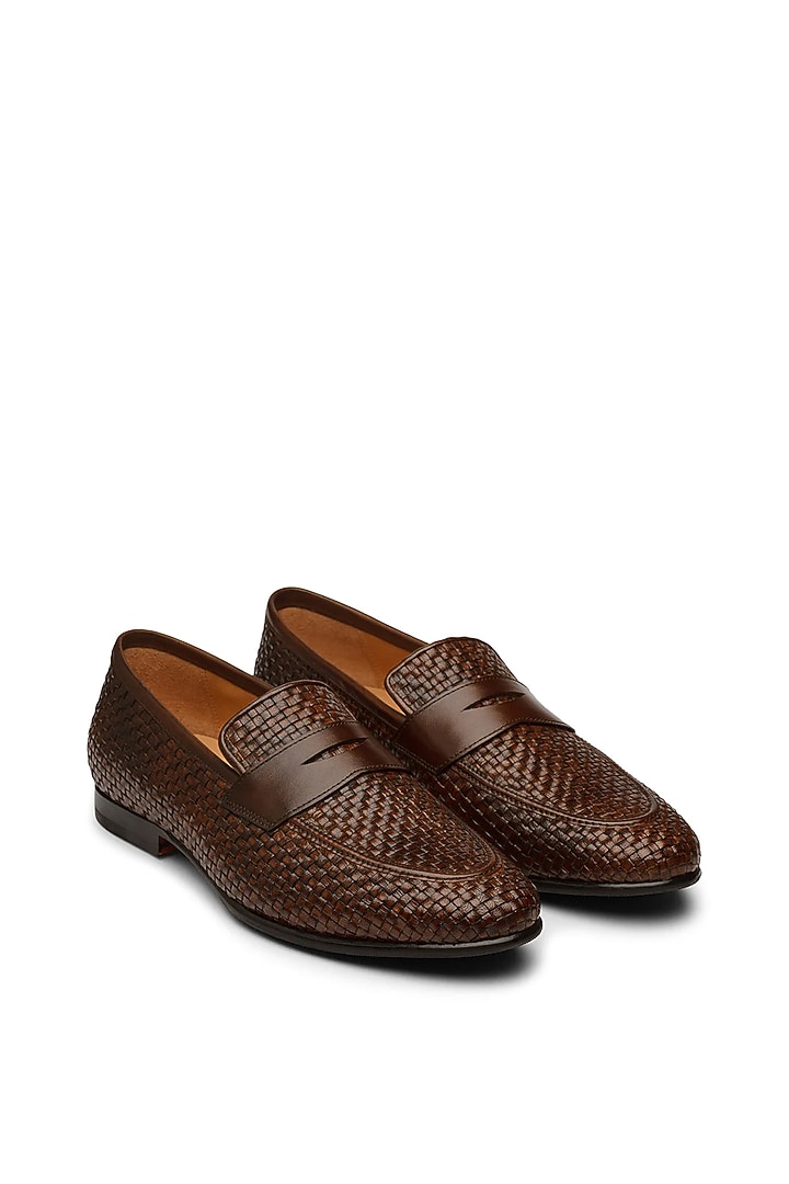 Brown Leather Handwoven Penny Loafers by TRUMPET at Pernia's Pop Up Shop