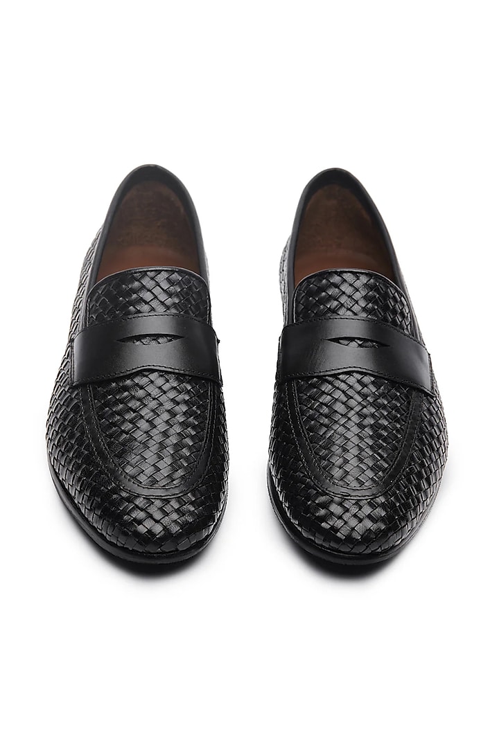 Black Leather Handwoven Penny Loafers by TRUMPET at Pernia's Pop Up Shop