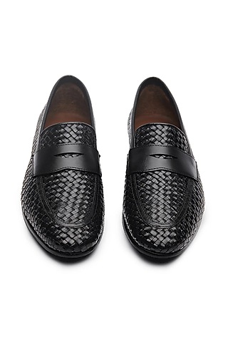 Black Leather Handwoven Penny Loafers by TRUMPET