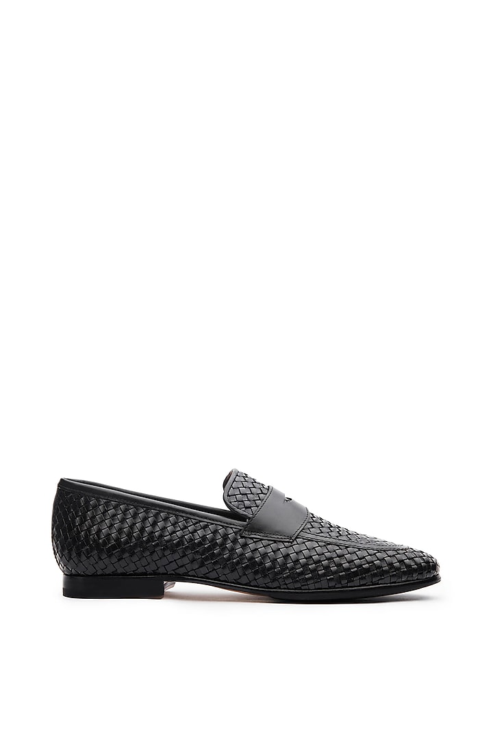 Black Leather Handwoven Penny Loafers by TRUMPET at Pernia's Pop Up Shop
