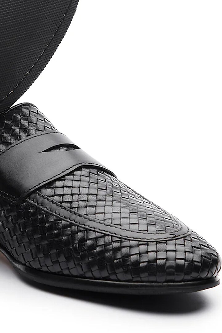 Black Leather Handwoven Penny Loafers by TRUMPET at Pernia's Pop Up Shop