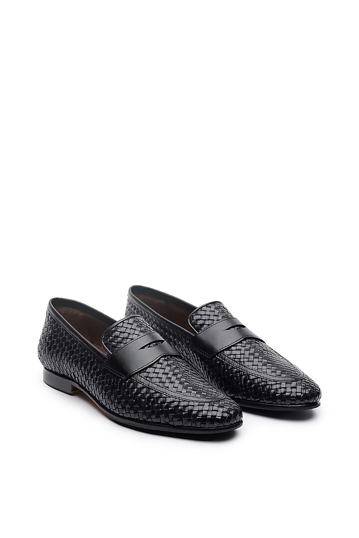 Black Leather Handwoven Penny Loafers by TRUMPET at Pernia's Pop Up Shop