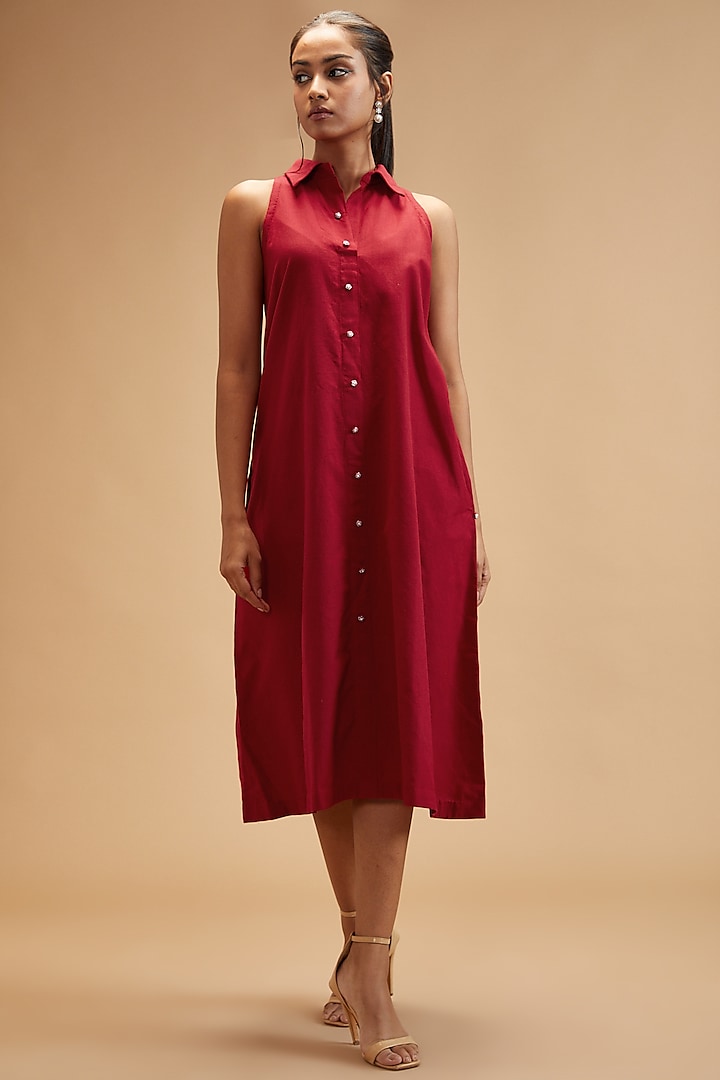 Red Handloom Cotton Midi Dress by theroverjournal