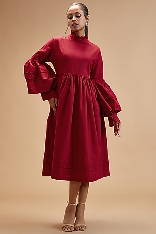 Red Handloom Cotton Midi Dress by theroverjournal