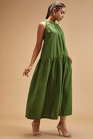 Green Handloom Cotton Maxi Dress by theroverjournal