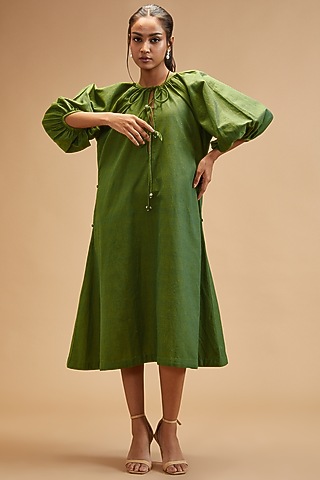 Green Handloom Cotton Midi Dress by theroverjournal