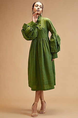 Green Handloom Cotton Midi Dress by theroverjournal
