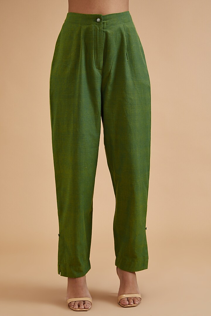 Green Handloom Cotton High-Waisted Pants by theroverjournal at Pernia's Pop Up Shop