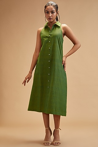 Green Handloom Cotton Midi Dress by theroverjournal