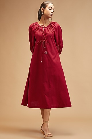 Red Handloom Cotton Midi Dress by theroverjournal