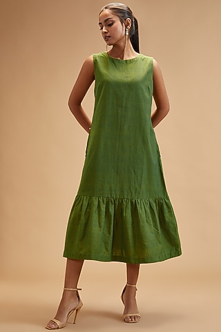 Green Handloom Cotton Midi Dress by theroverjournal