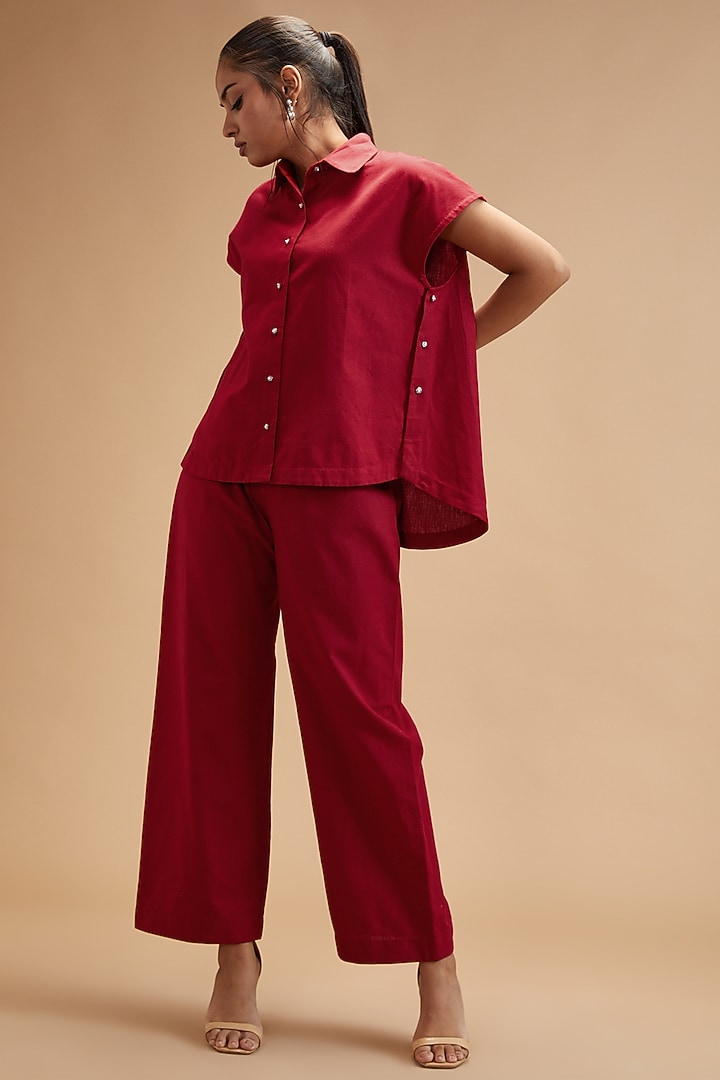 Red Handloom Cotton Wide-Legged Culottes by theroverjournal at Pernia's Pop Up Shop