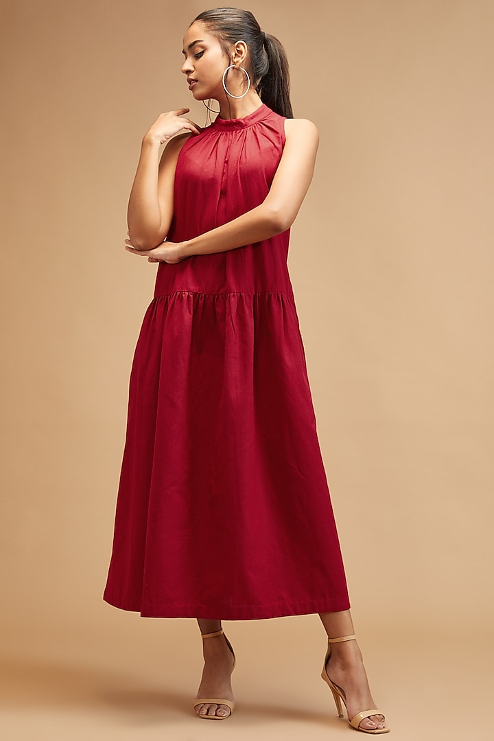 Red Handloom Cotton Maxi Dress by theroverjournal