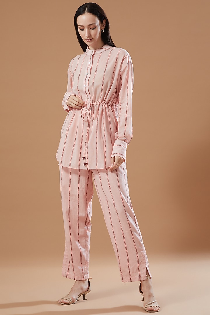 Rust Pink Cotton Belted Shirt by Theroverjournal at Pernia's Pop Up Shop