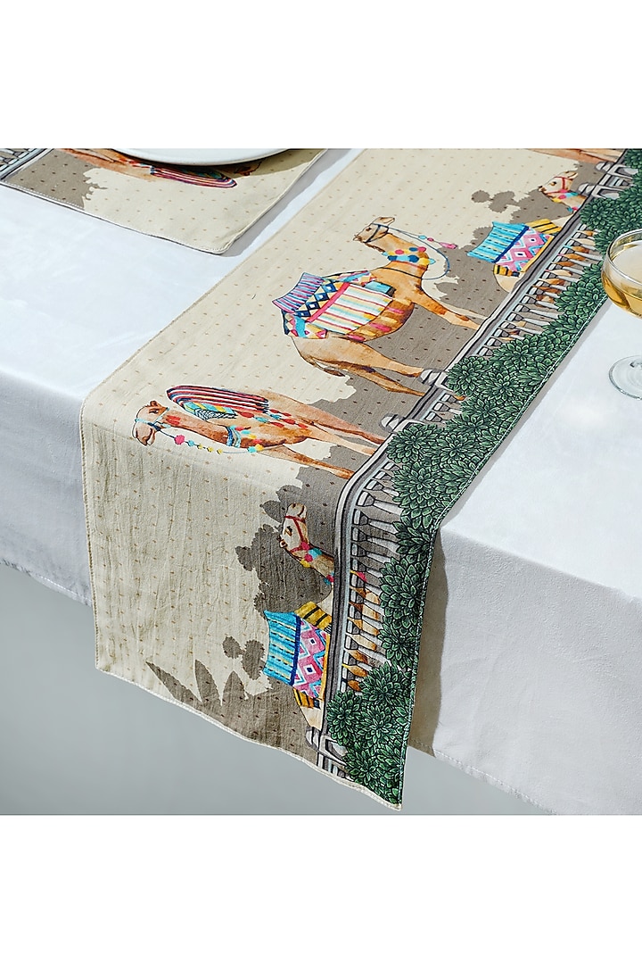 Beige Cotton Camel Printed Table Runner by Mid July Home