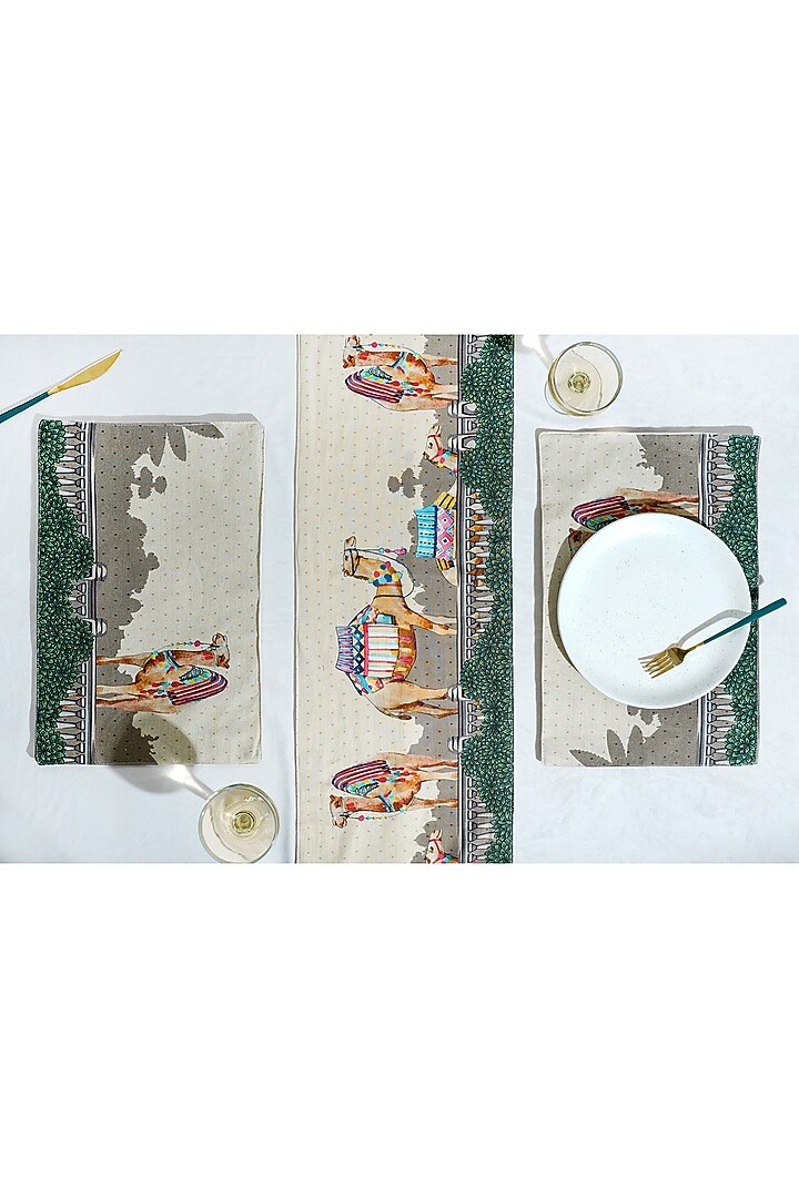 Beige Cotton Camel Printed Table Runner by Mid July Home at Pernia's Pop Up Shop