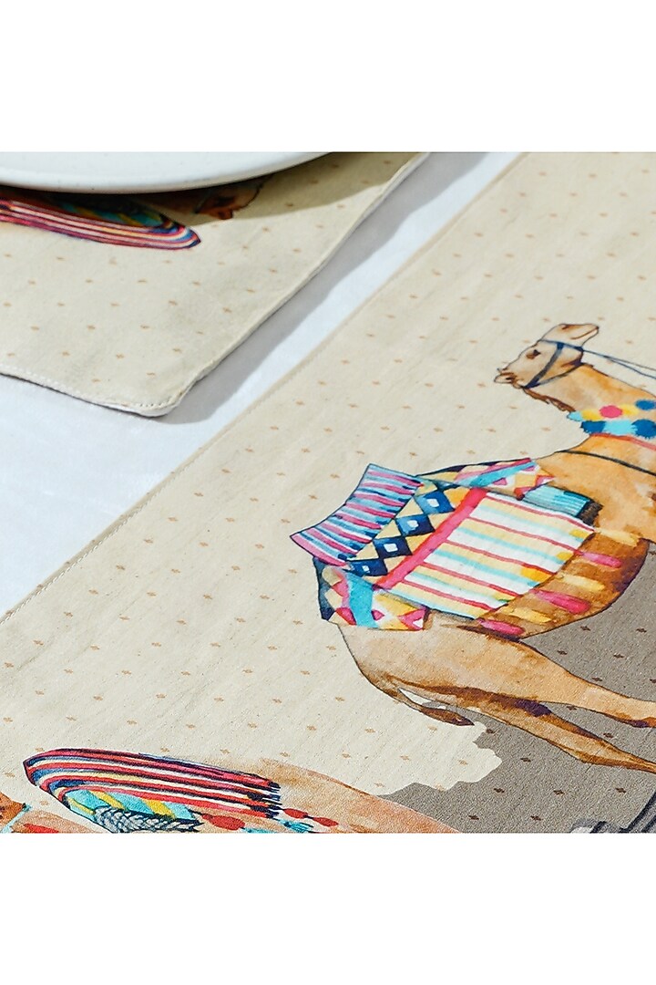 Beige Cotton Camel Printed Table Runner by Mid July Home at Pernia's Pop Up Shop
