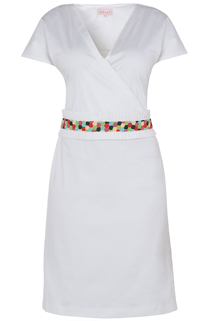 White Knee Length Wrap Dress with Multi Color Beaded Belt by Tara and I