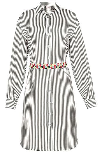 Green striped shirt dress with multi color beaded belt available only ...