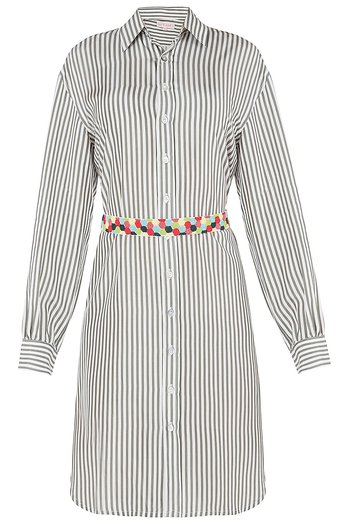 Green Striped Shirt Dress with Multi Color Beaded Belt by Tara and I