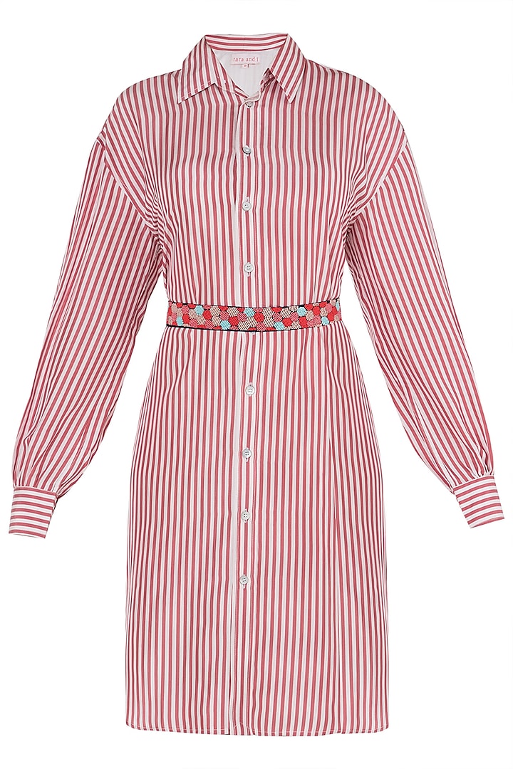 Red Striped Shirt Dress with Multi Color Beaded Belt by Tara and I